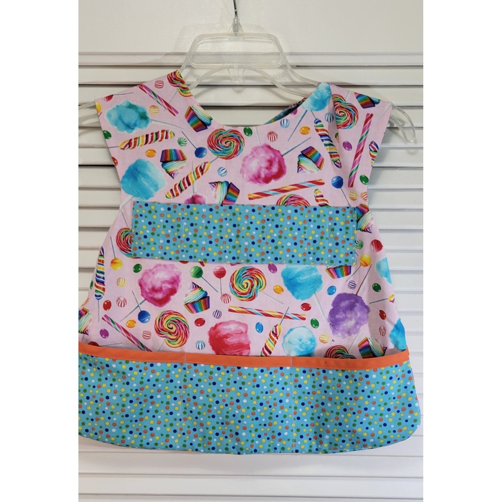 Handmade Reversible Candy Print Smock Apron Polka Dot Pockets Pink Blue